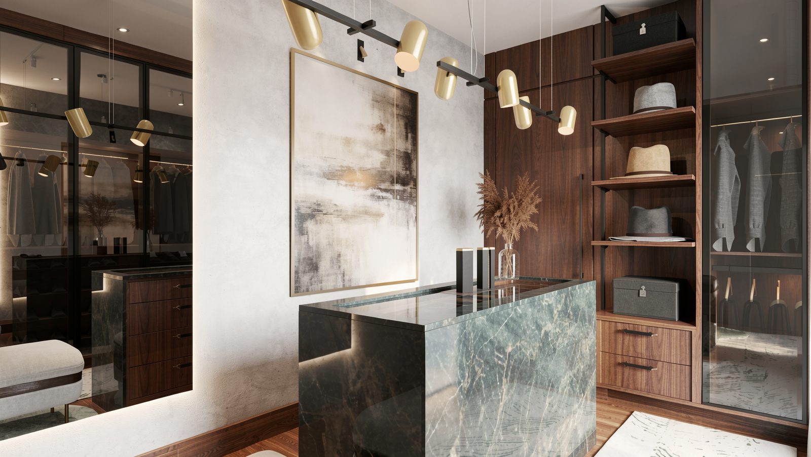 Closet planejado com iluminação embutida