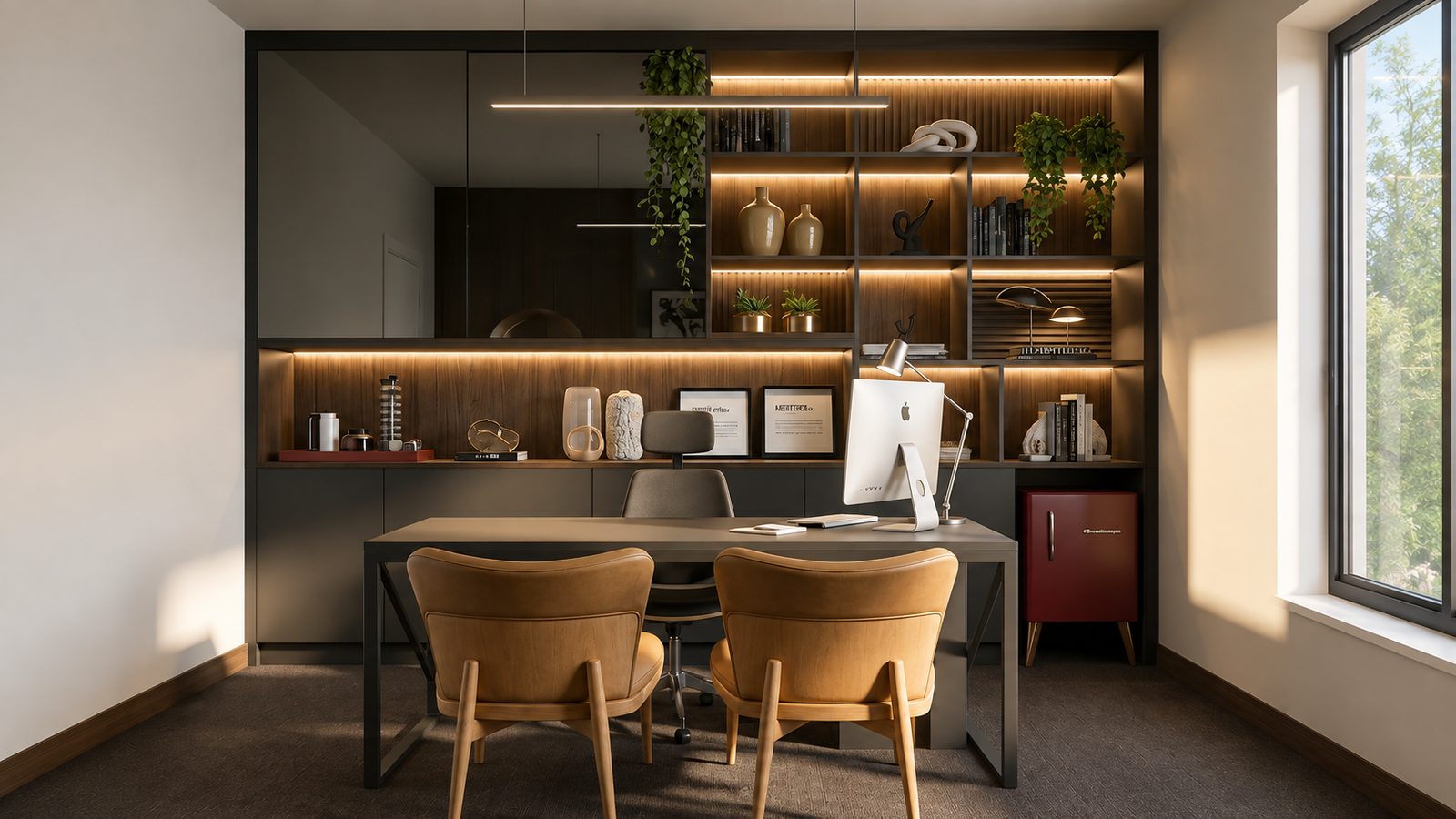 Home office planejado com estante iluminada