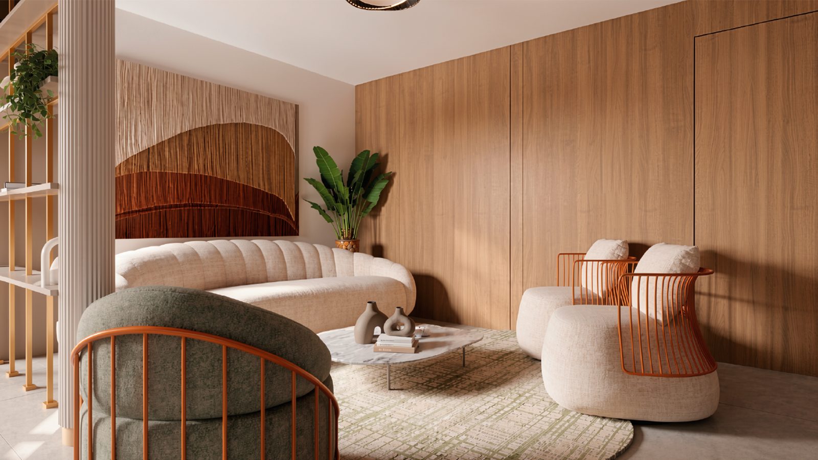 Lounge planejado com marcenaria curva